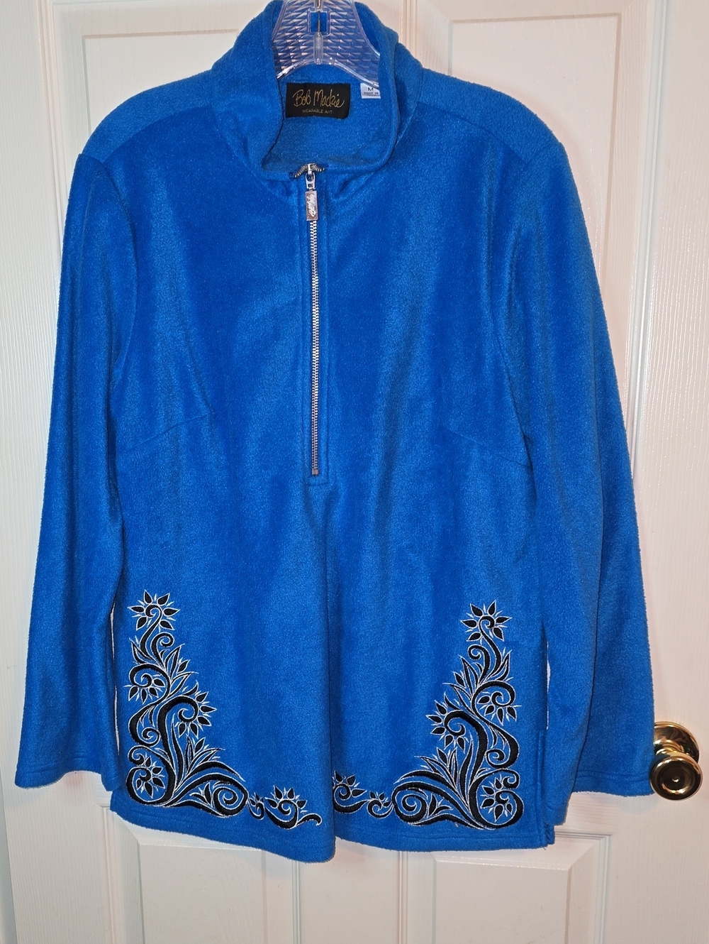Bob Mackie Bright Cobalt Blue Teddy Half-Zip Jacket with Embroidered Hem